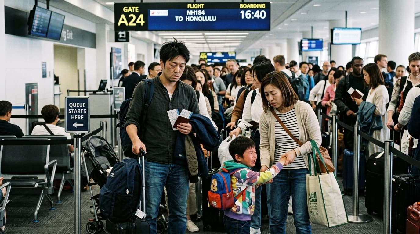 混雑する空港搭乗ゲートで疲弊する家族