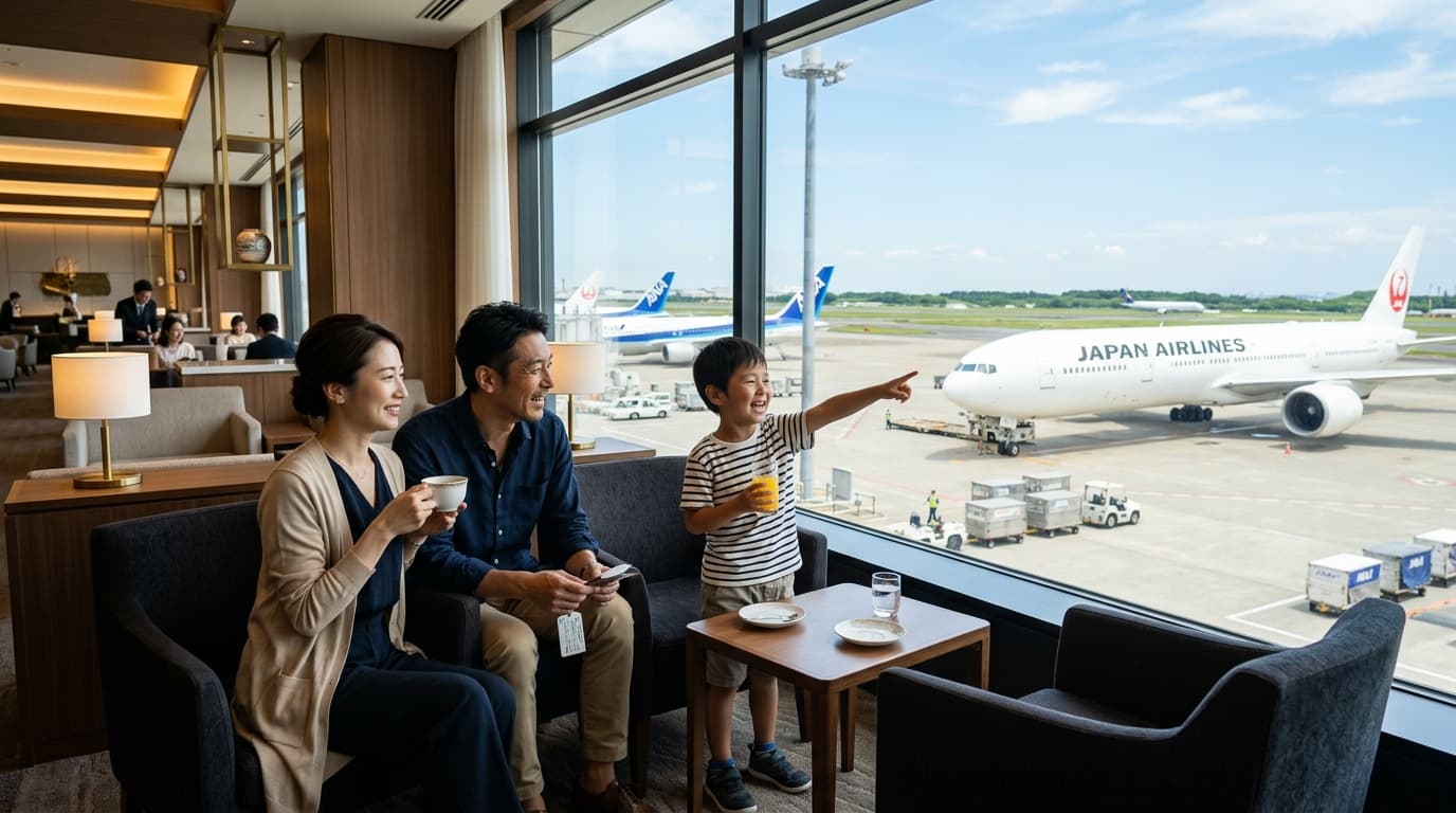 羽田空港JALサクララウンジで飛行機を眺めながらくつろぐ家族
