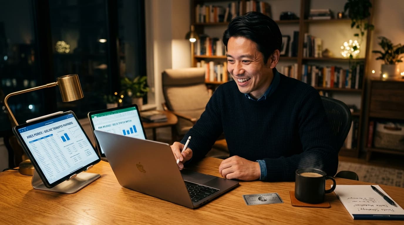 深夜の書斎でカードスペックとFOPを試算するビジネスマン