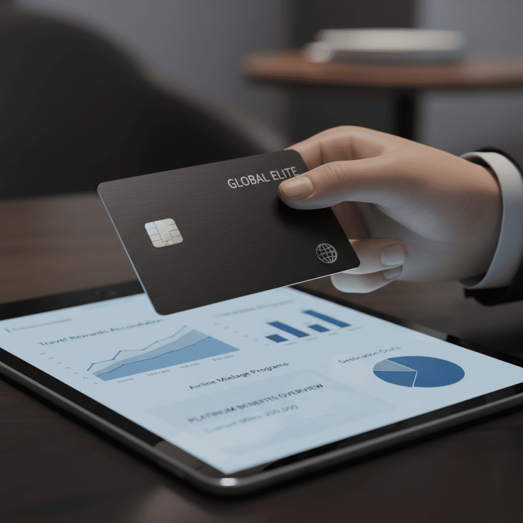 Keisuke comparing different high-end credit cards on his tablet, with a focus on ANA VISA Platinum Premium card features, looking satisfied with his research.