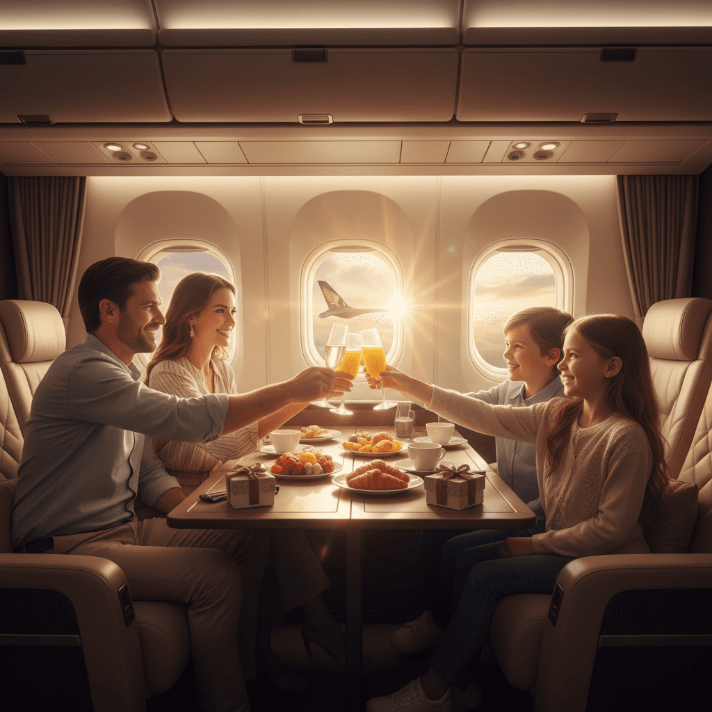 Keisuke and his family in a business class cabin, smiling and clinking glasses, with a bright sky visible through the plane window.