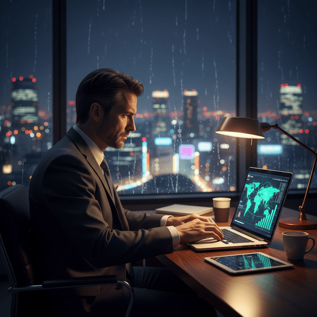 A tired but sharp-looking businessman in a high-rise office at night, looking at a credit card and a world map, feeling a mix of regret and determination.