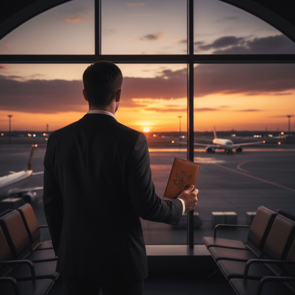 空港の大きな窓から夕暮れの滑走路を眺めるビジネスマンの背中、手にはパスポートケース