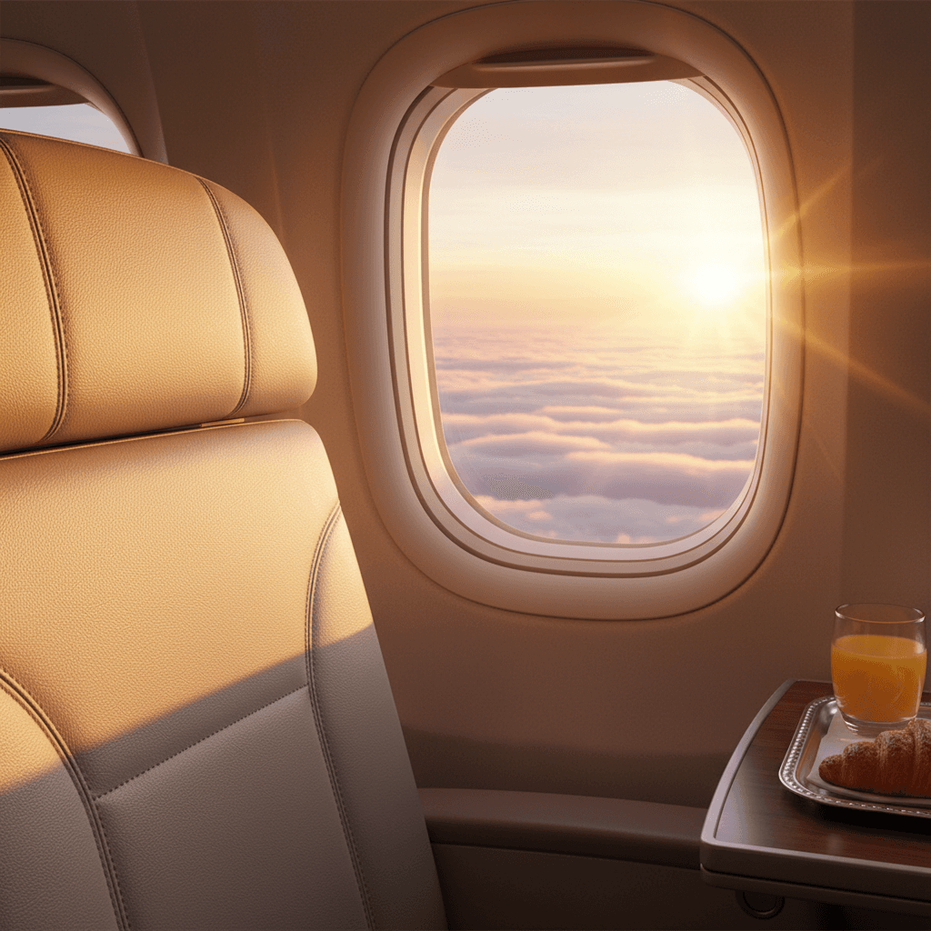 雲海の上を飛ぶ飛行機の窓から差し込む美しい朝焼け、ビジネスクラスのゆったりとした空間の雰囲気