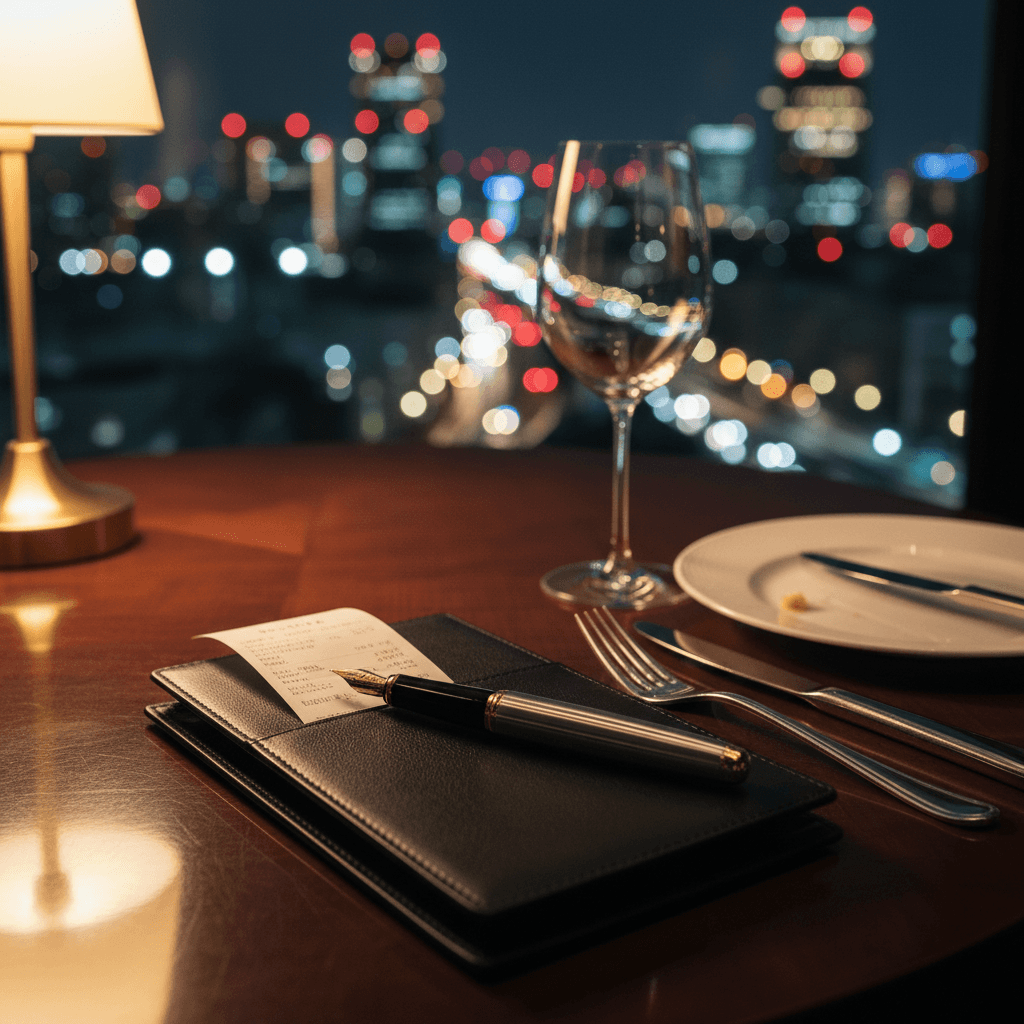 都会の夜景を望む高級レストランでの会食、テーブルに置かれた万年筆と伝票のシルエット