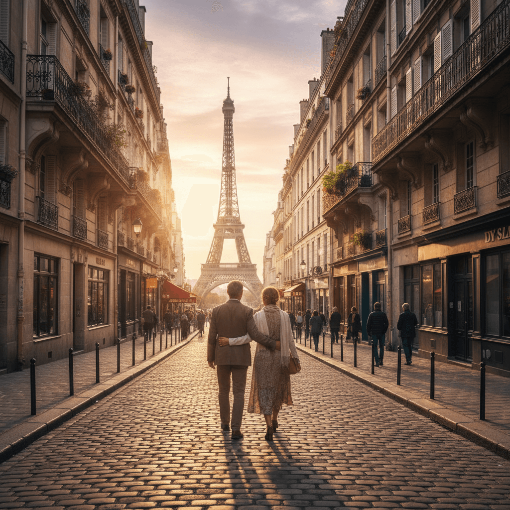 ヨーロッパの古風で美しい街並み、石畳の道を仲睦まじく歩く夫婦の後ろ姿。遠くにエッフェル塔が見える