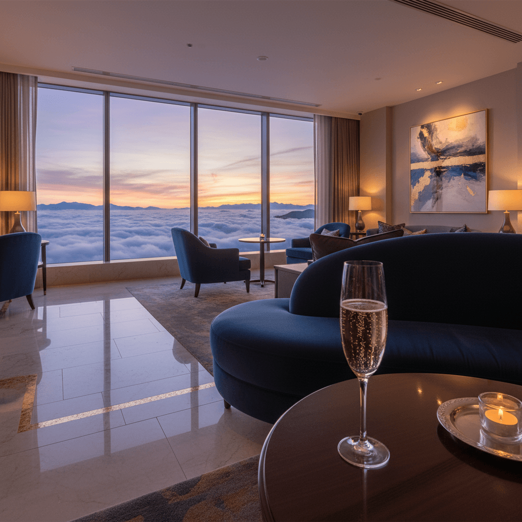 豪華なホテルのラウンジで、最高級のシャンパンが注がれたグラスと、窓の外に見える夕焼け空の雲海