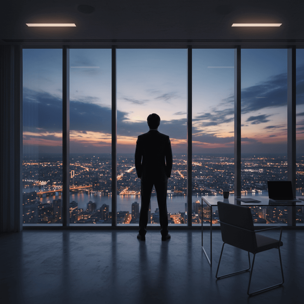 夕暮れの役員室、窓の外に広がる都会の夜景を静かに見つめる男性のシルエット