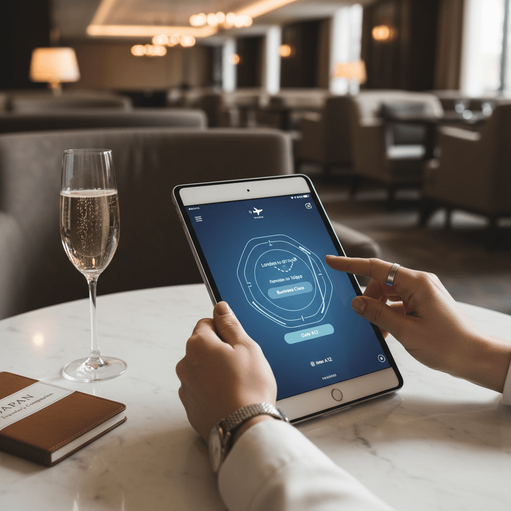 豪華なホテルのラウンジで次の旅を計画する様子