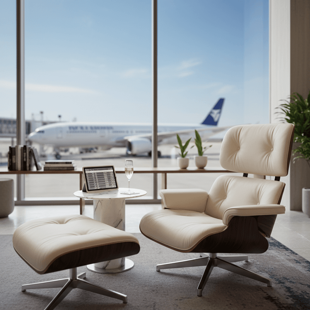 空港の喧騒を離れ、静かなラウンジで出発を待つ贅沢。