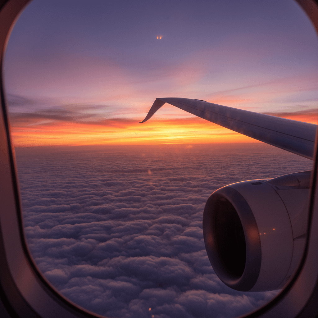 飛行機の窓から見える美しい夕焼け
