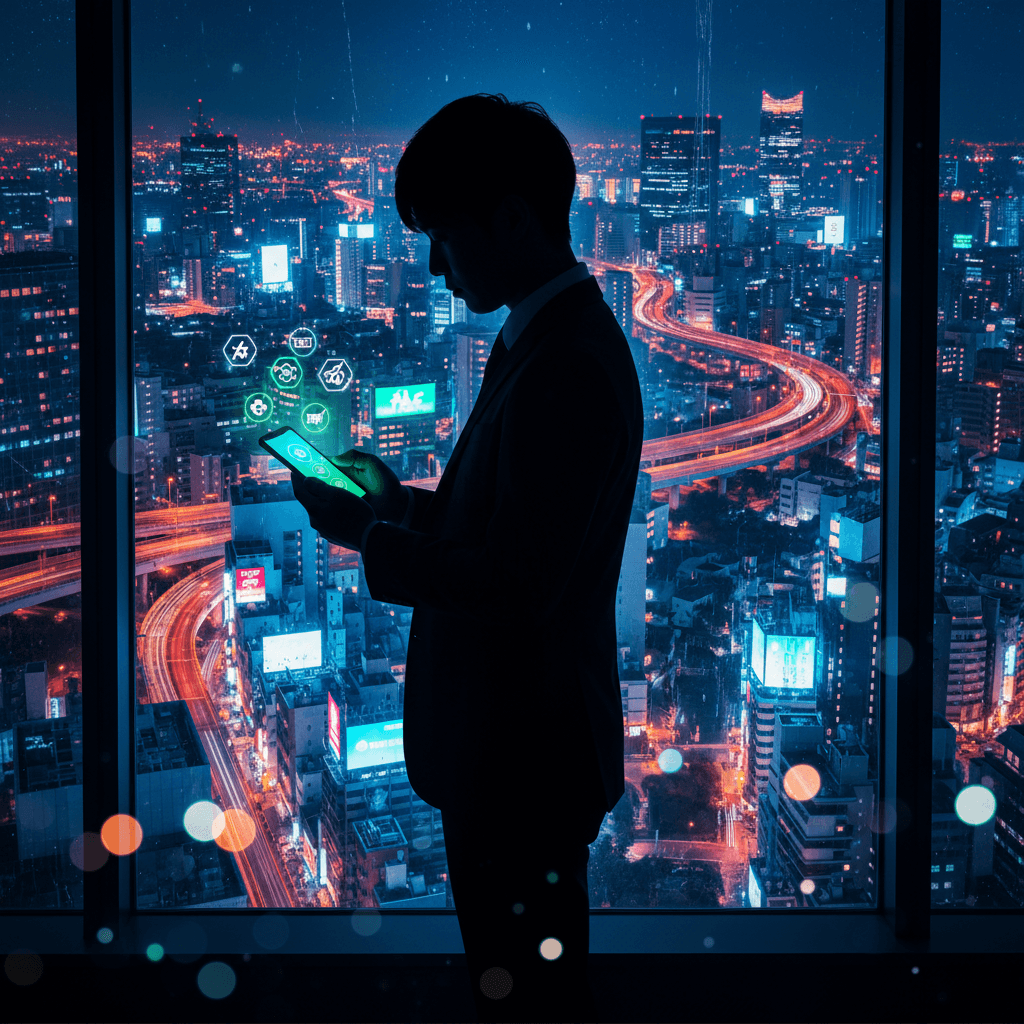 都会の夜景を背に、自身の歩むべき道を見つめる若者のシルエット