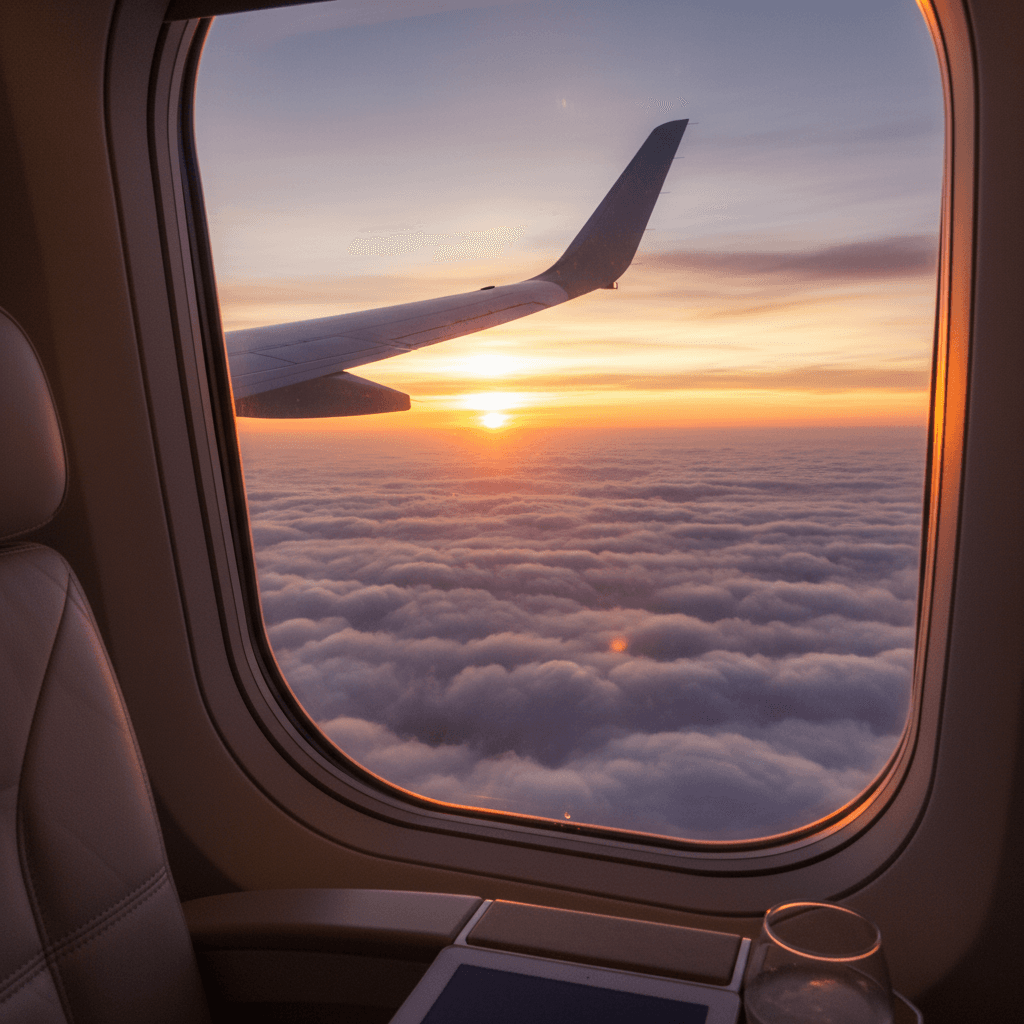 飛行機の窓から見える美しい夕焼けと翼