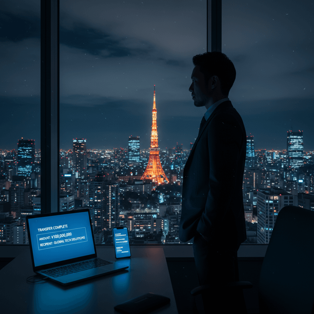 深夜のオフィスで決済を見つめる経営者のシルエット