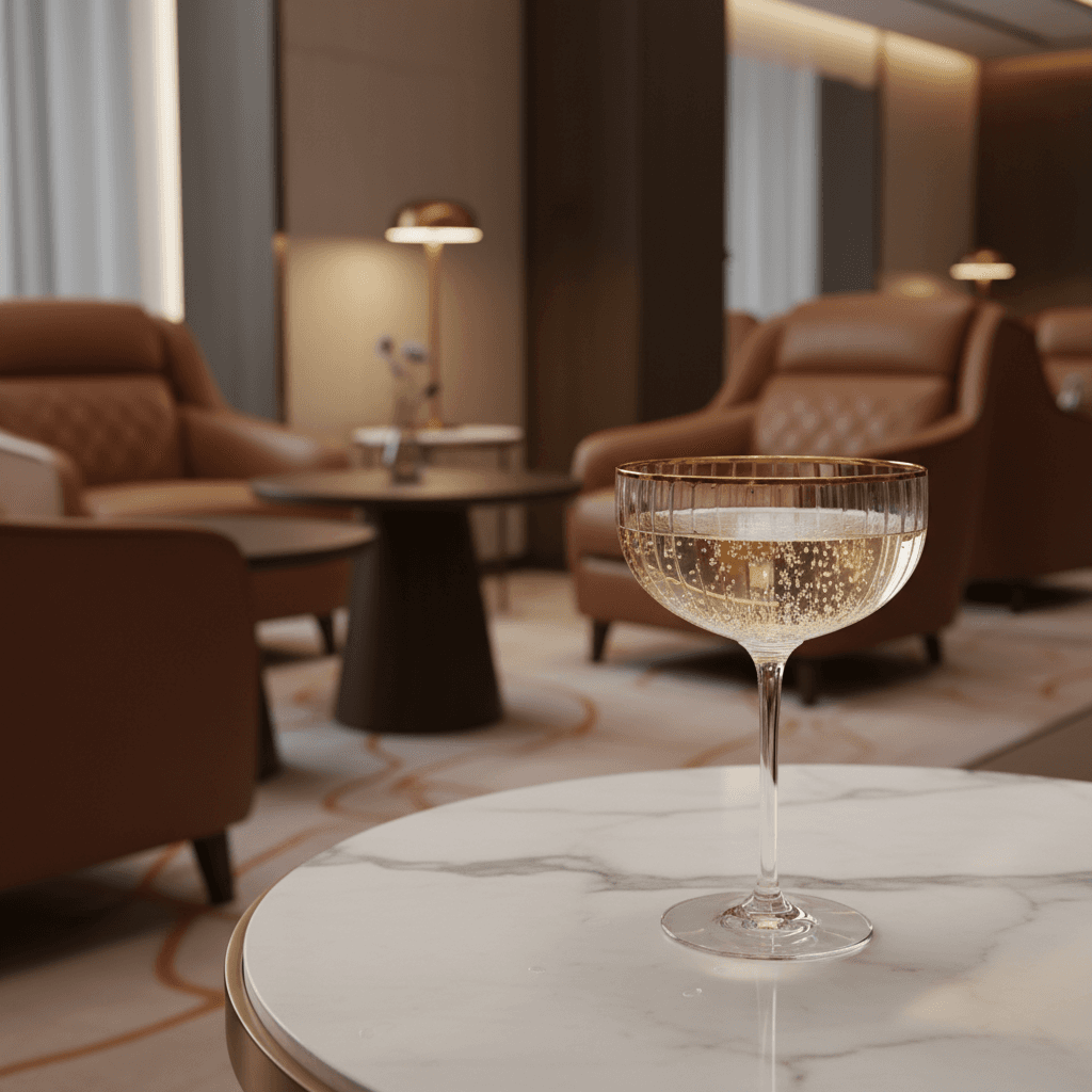 洗練された空港ラウンジの静謐な空間とシャンパングラス