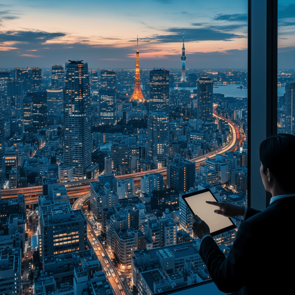 夕暮れ時の東京のビル群。洗練された都市生活と、効率的なビジネス環境をイメージ。