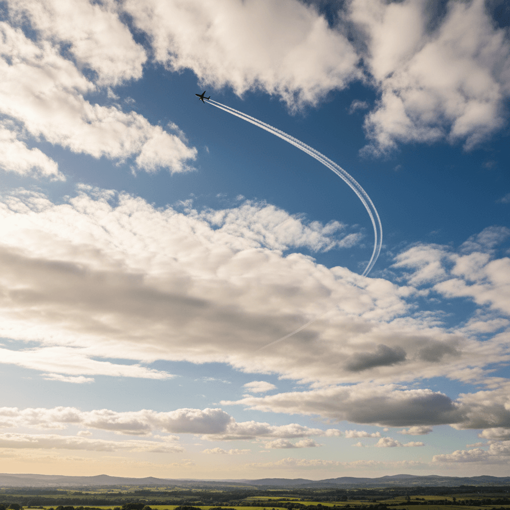 青空を背景に、遠くへ飛び去る飛行機のシルエット。自由な旅を象徴する風景。