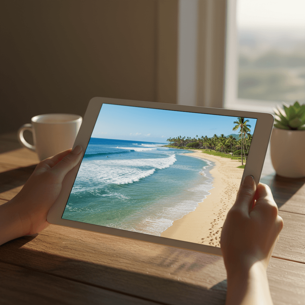 南国のリゾートを夢見る女性の手元