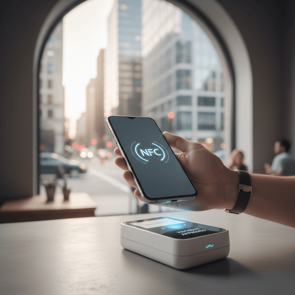 都会のビル群を背景に、スマートフォンでスマートに決済を済ませる手元