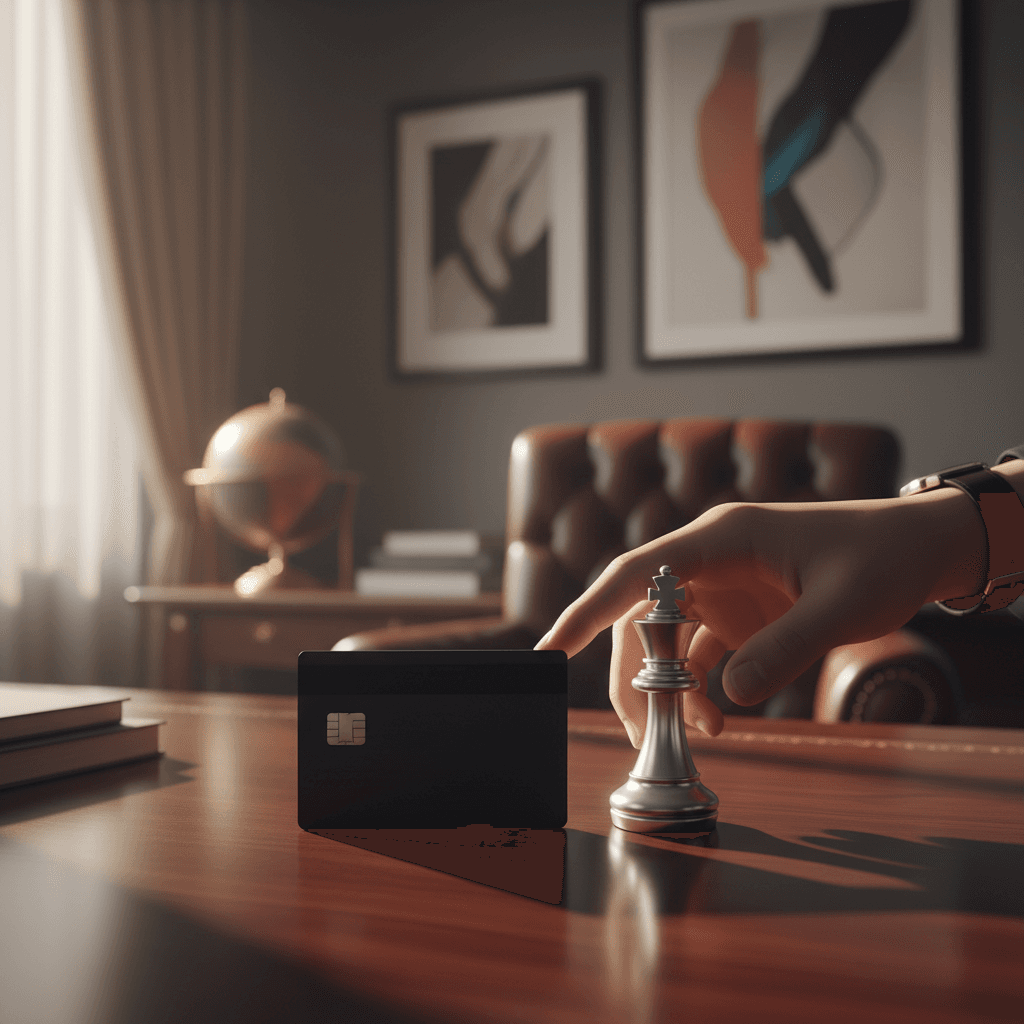 高級感のあるデスクに置かれたシンプルなカードとチェスの駒