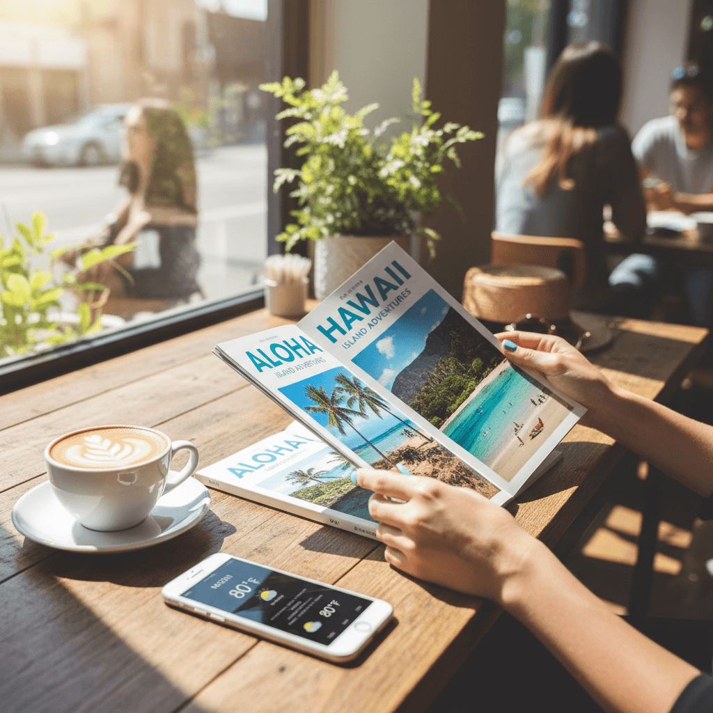 明るいカフェで、将来の旅行計画を立てる女性の手元。ハワイのガイドブックが開かれている