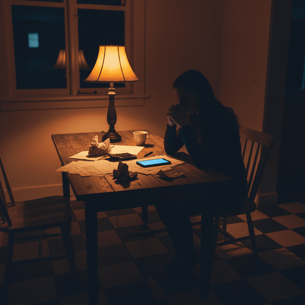 夜、キッチンで家計簿とスマホを前に悩む女性のシルエット
