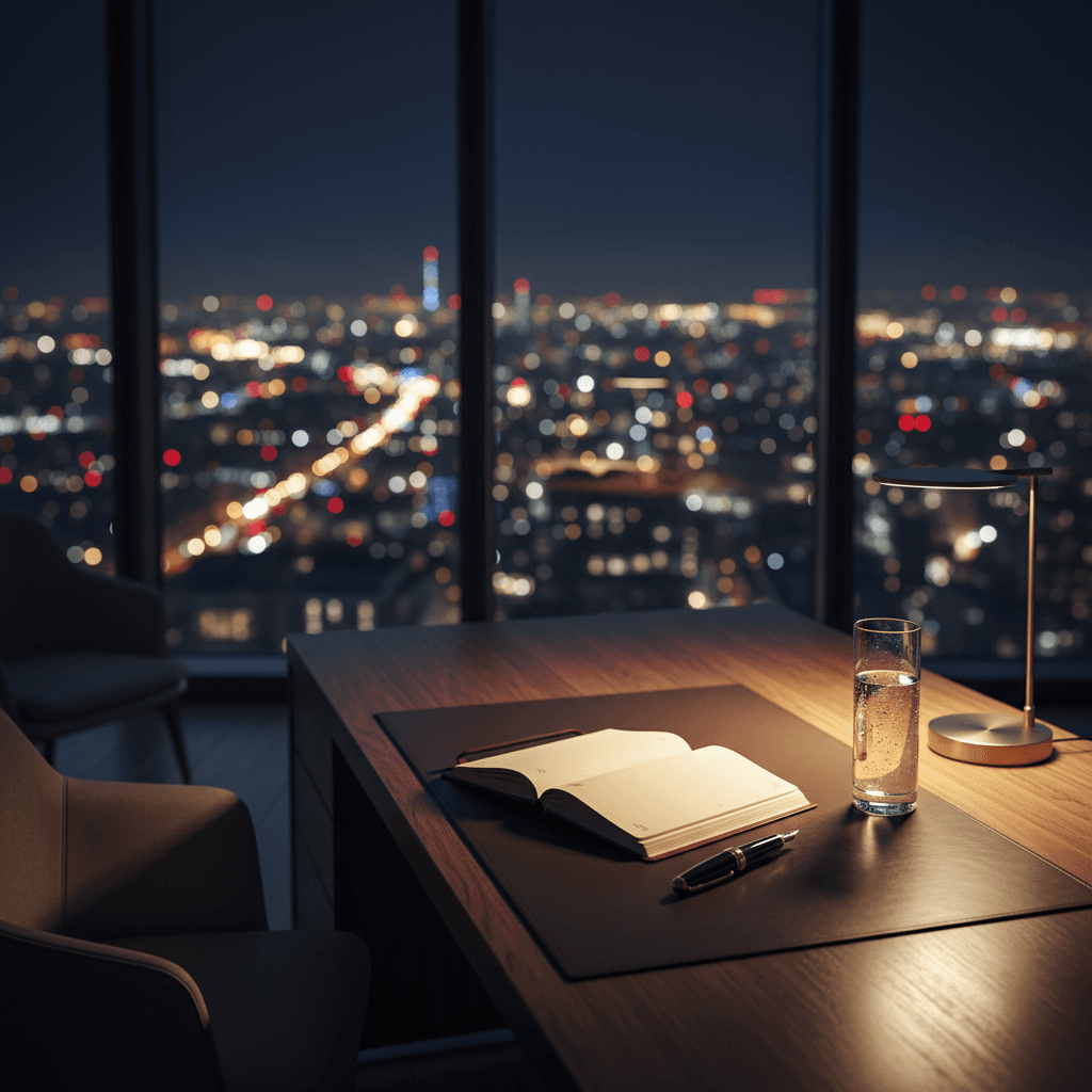 洗練されたエグゼクティブの書斎。窓の外には夜の都会のビル群が見え、デスクには高級な万年筆と革のノートが置かれている。