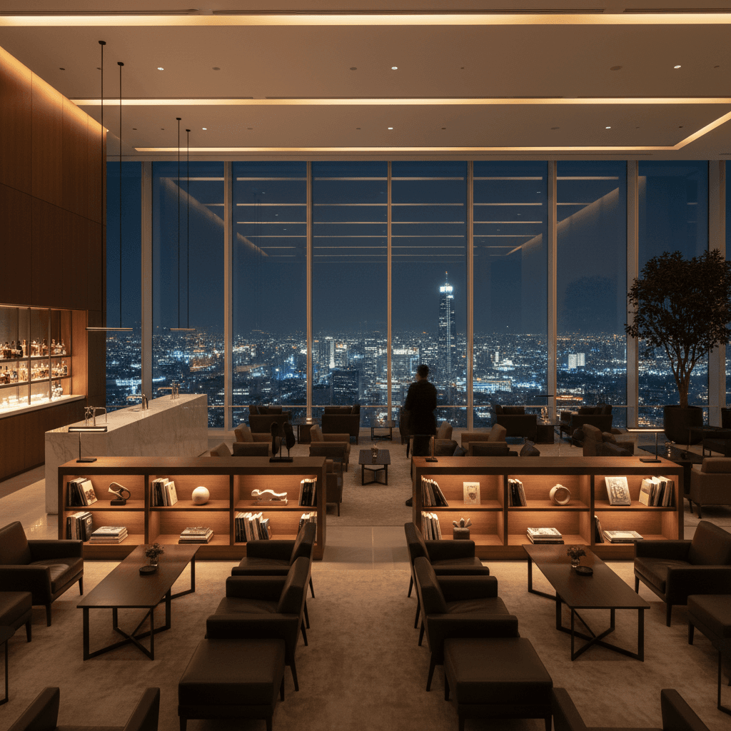 洗練されたビジネスラウンジの風景。窓の外には都市の夜景が広がり、落ち着いた照明が高級感を演出している。](![洗練されたビジネスラウンジの風景。窓の外には都市の夜景が広がり、落ち着いた照明が高級感を演出している。