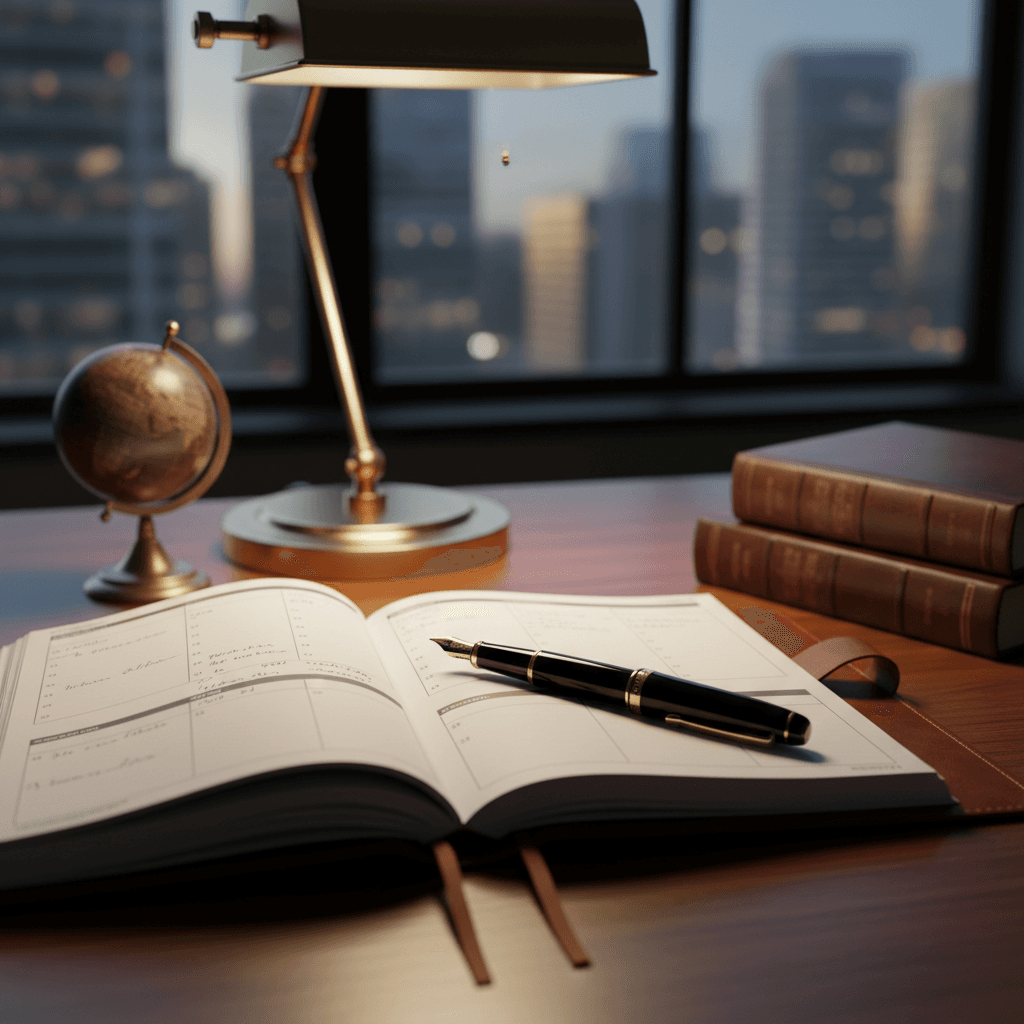 書斎のデスクに置かれた高級な万年筆とレザースケジュール帳。知性と成功を感じさせる静かな空間。](![書斎のデスクに置かれた高級な万年筆とレザースケジュール帳。知性と成功を感じさせる静かな空間。