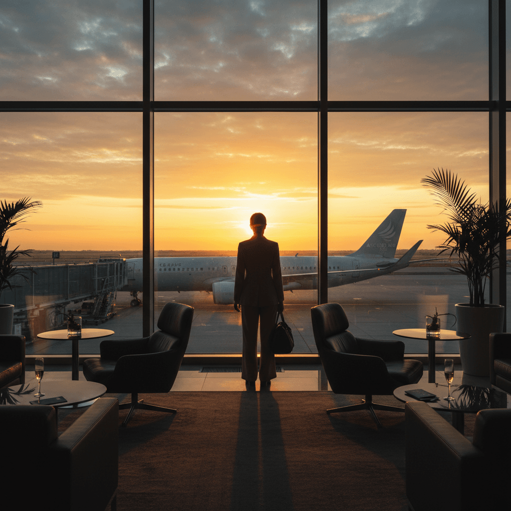 空港の大きな窓から夕暮れの滑走路を眺める背中