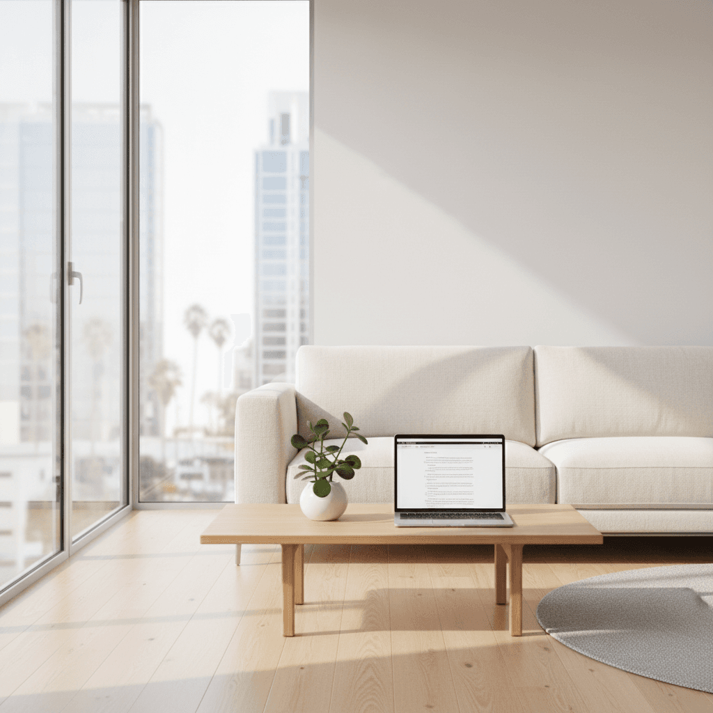 新生活の始まりを象徴する明るくミニマルなリビングルーム