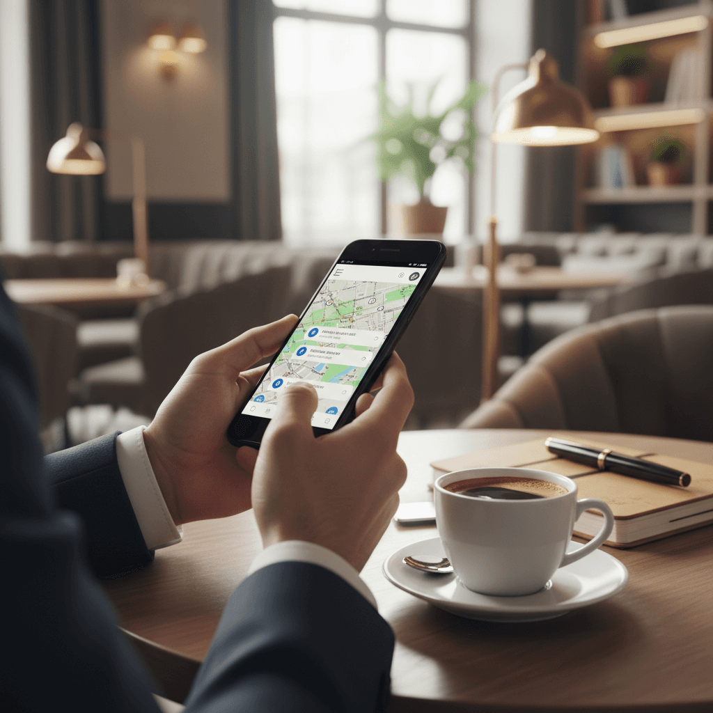 カフェでスマートフォンを操作する手元