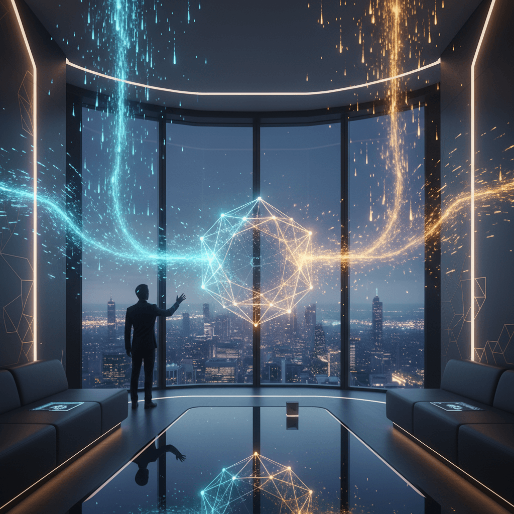 データと光が融合する抽象的なイメージ