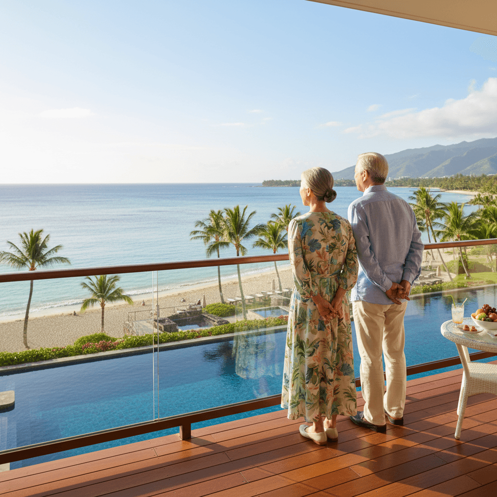 ハワイの美しい海と空を見つめる、後ろ姿の両親