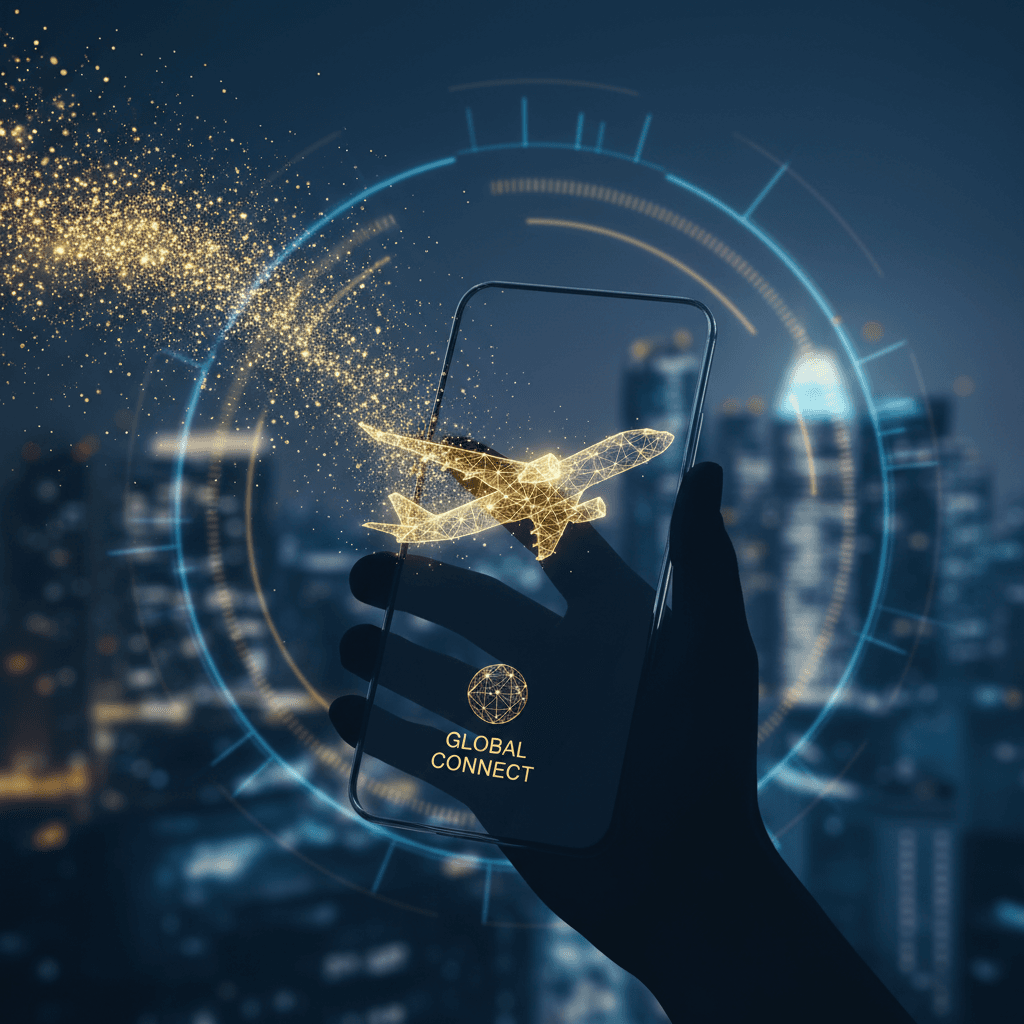 未来の旅を象徴する、デジタルとリアルが融合したイメージ