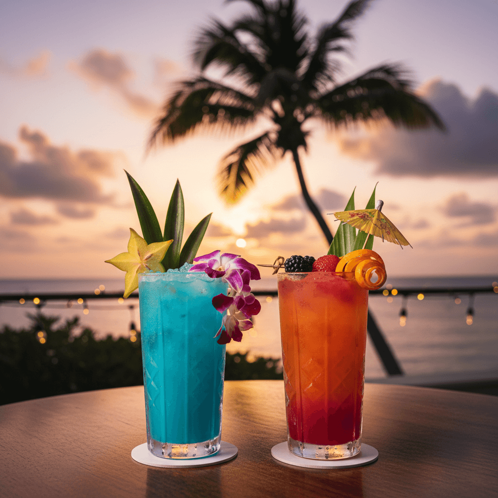夕暮れのホテルのテラス、二つの南国カクテルが置かれたテーブル