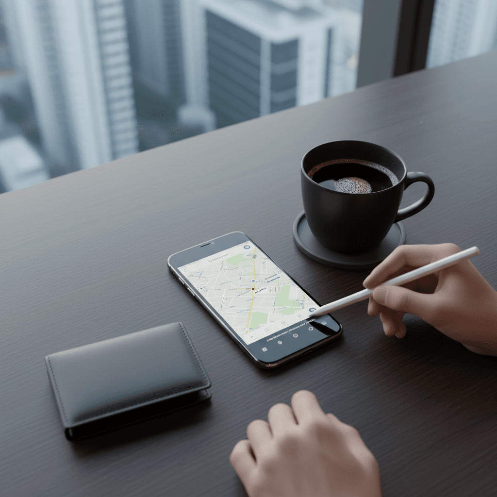 整理整頓されたデスクの上に置かれたスマートフォンとコーヒー。効率的で無駄のないライフスタイルを象徴する。