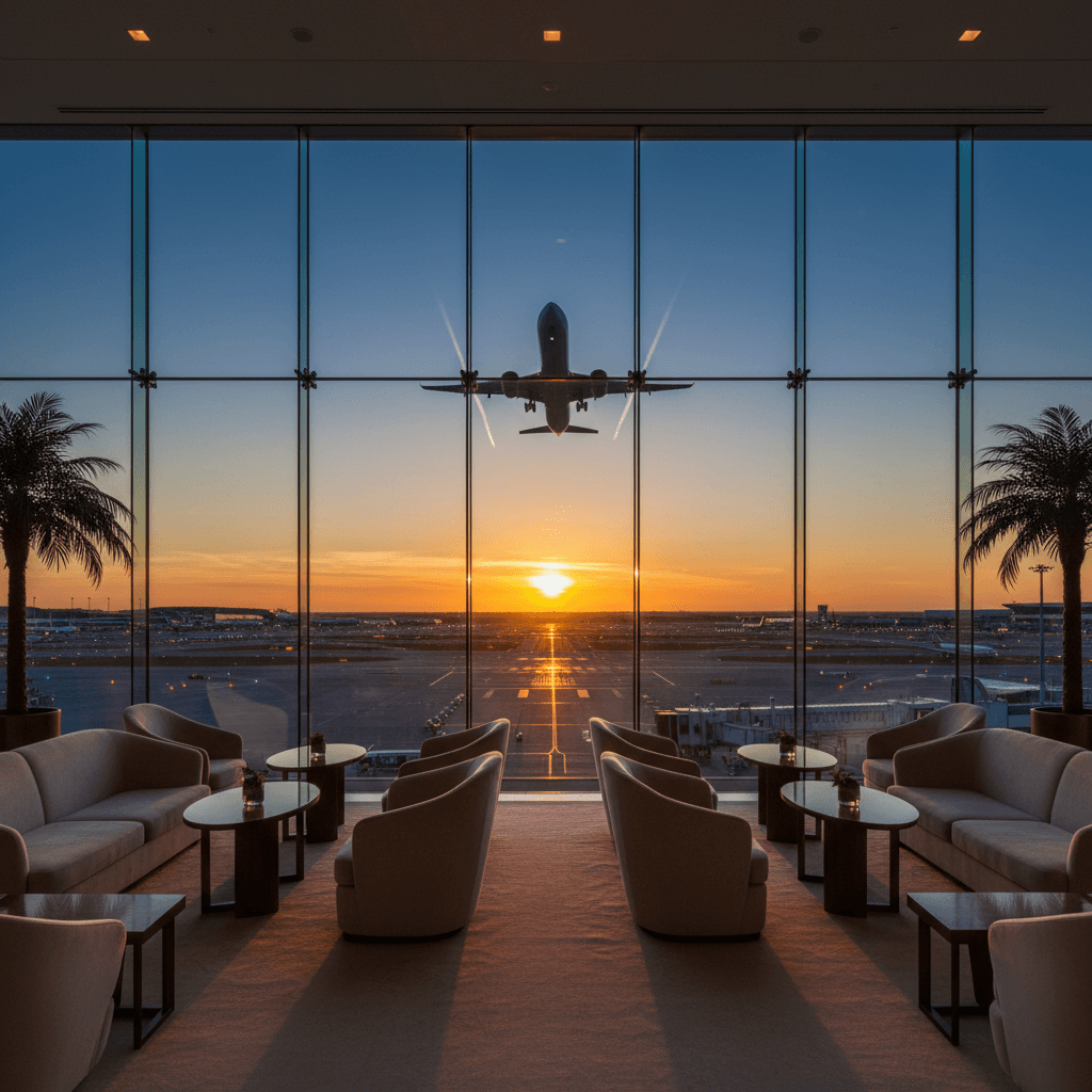 空港のラグジュアリーなラウンジから見える、夕暮れ時の滑走路と飛行機のシルエット