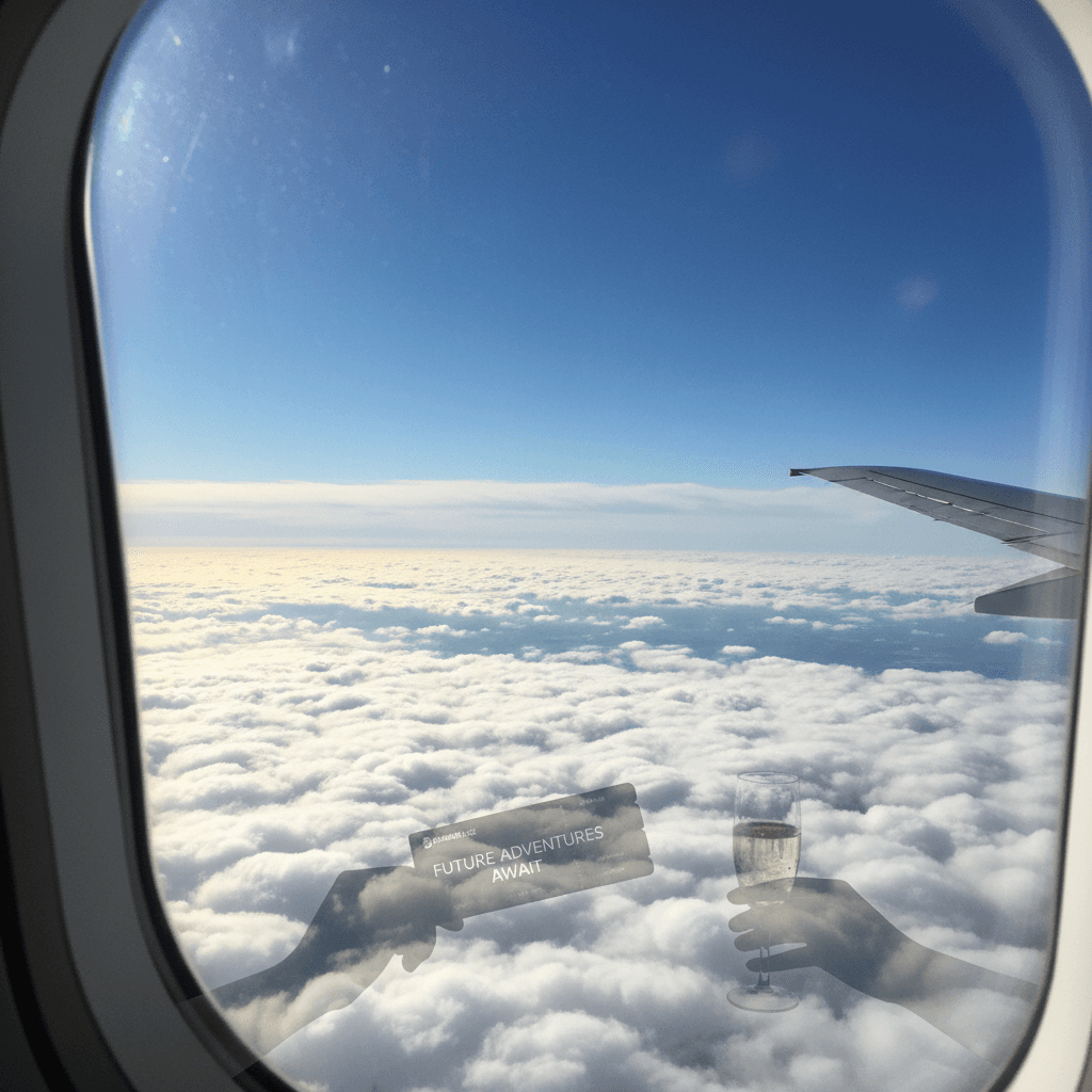 将来の家族旅行を予感させる飛行機の窓からの景色