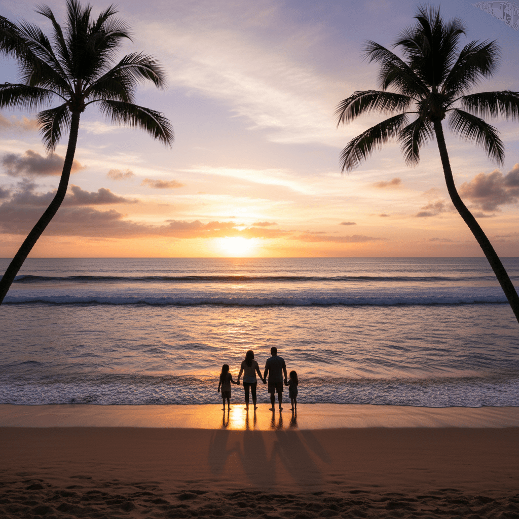 ハワイの夕暮れのビーチ、波打ち際を歩く家族4人のシルエット