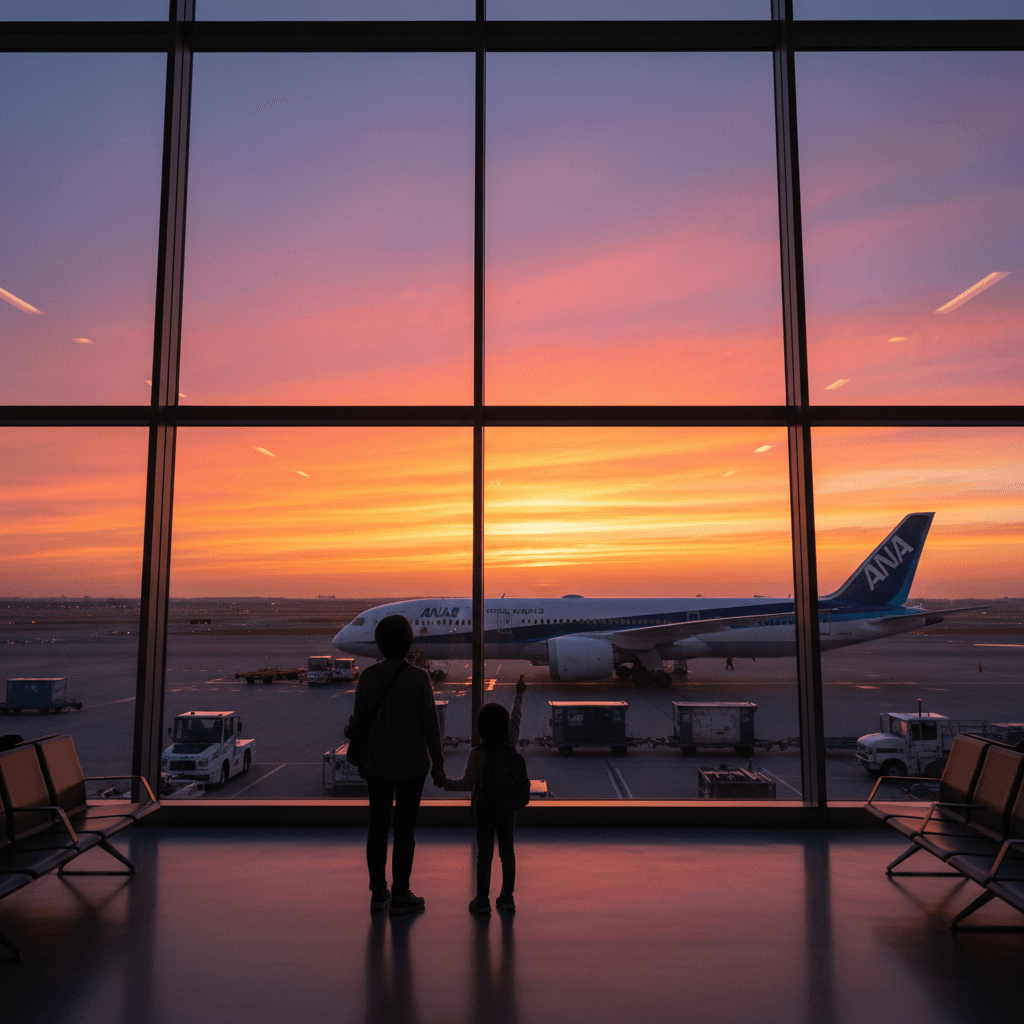 夕暮れ時のホノルル空港、搭乗ゲートの向こうに駐機する大型旅客機