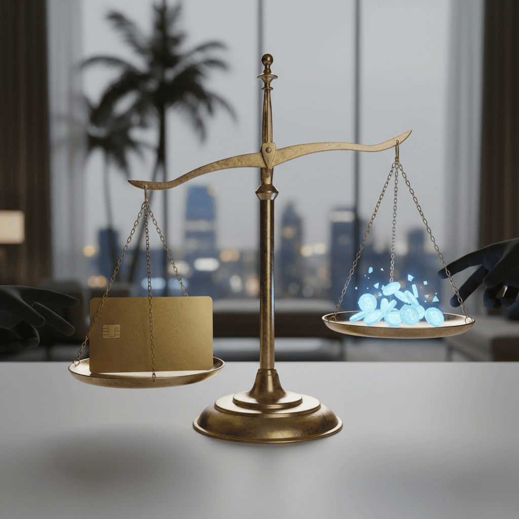 天秤の上で、金色のカードと小さなコインが釣り合っていない様子。コスト意識を象徴する抽象的なイメージ。