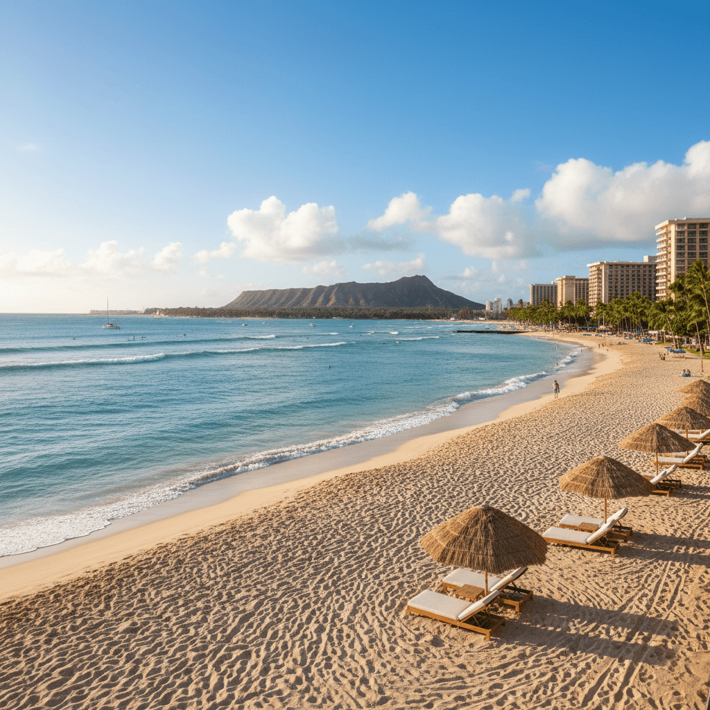 青い空と白い砂浜、遠くにダイヤモンドヘッドが見えるハワイの美しい風景