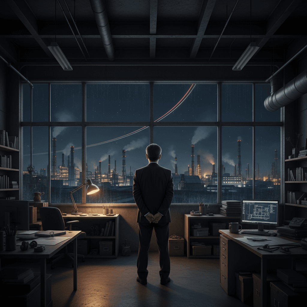 工場で夜遅くまで一人、空を見上げる経営者のシルエット