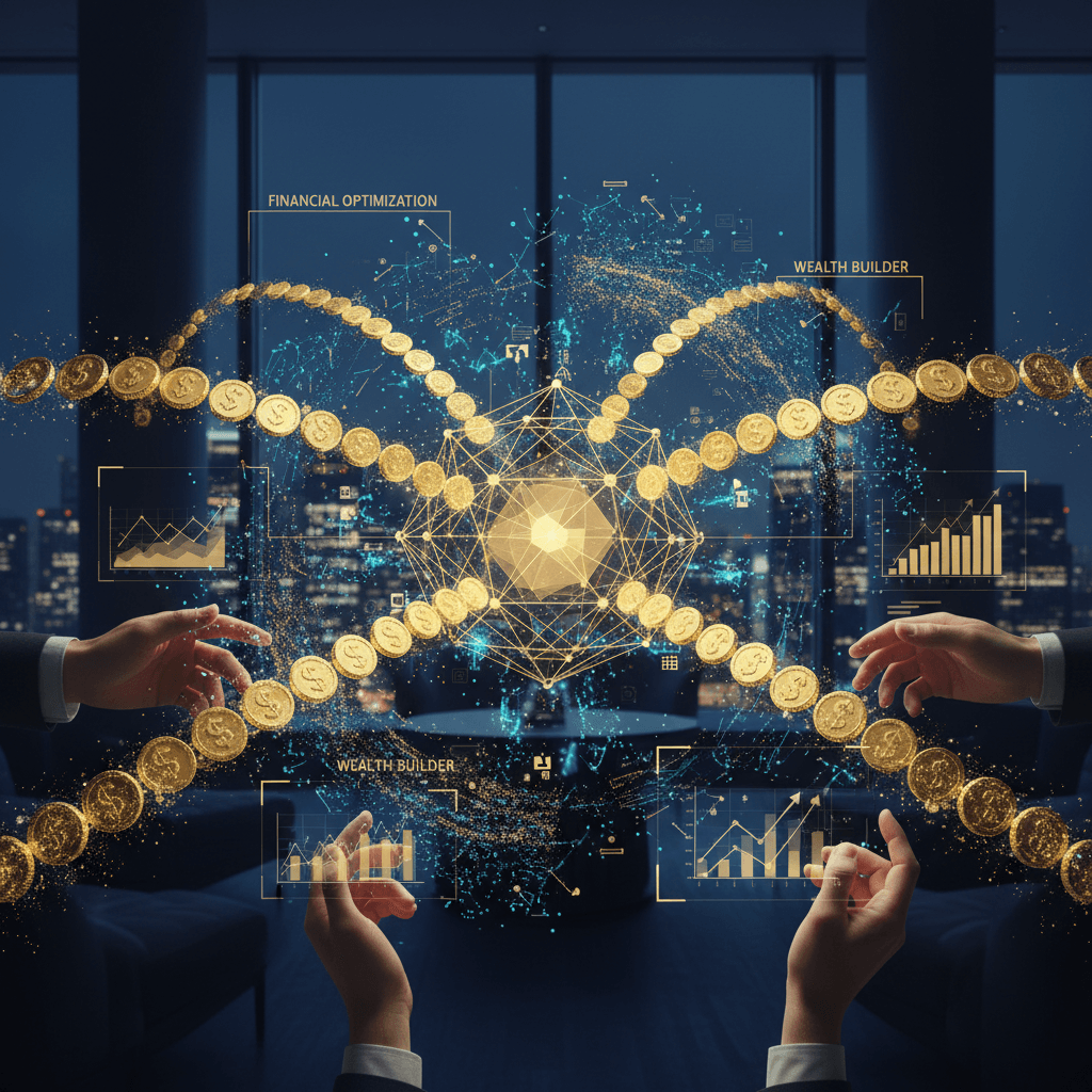 デジタルデータとコインが中心に集まっていく、家計最適化をイメージした抽象的なビジュアル