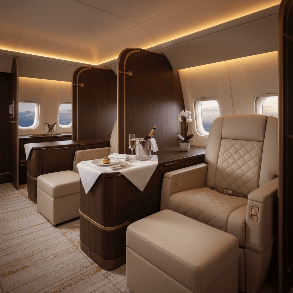 ラグジュアリーなファーストクラスの機内イメージ