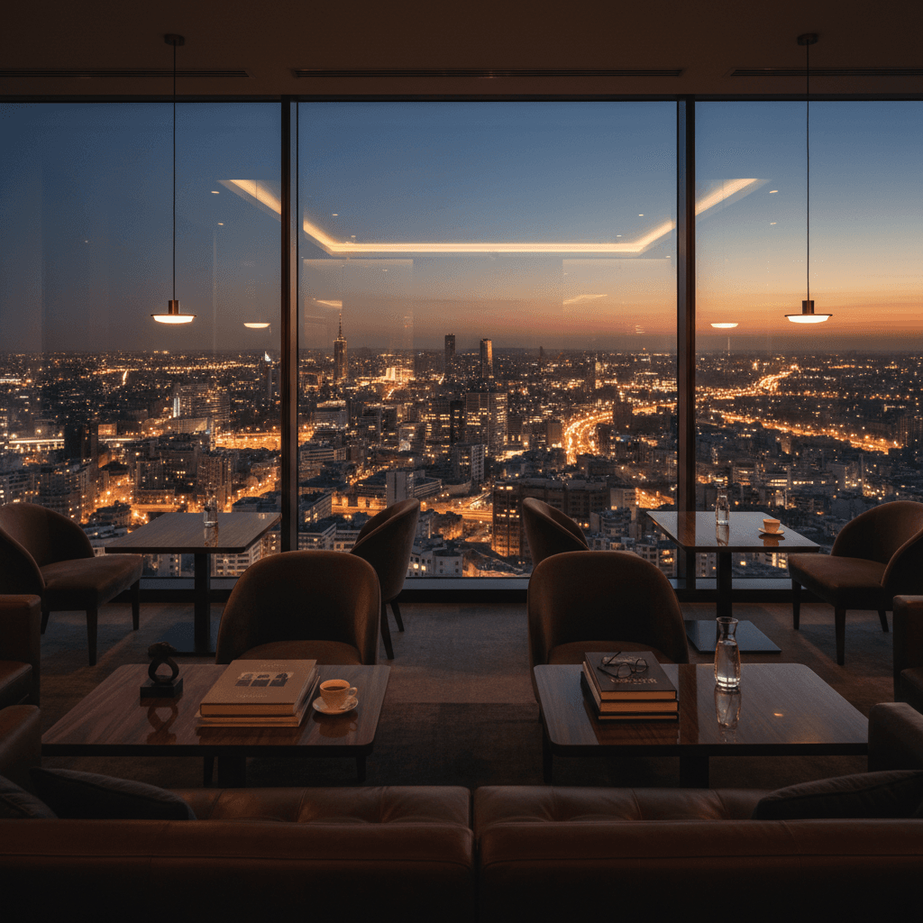 都会の夜景を背景にした落ち着いたラウンジ