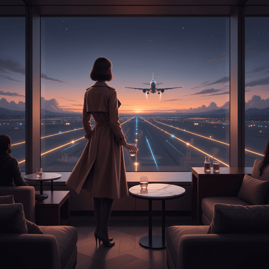 空港ラウンジで優雅に過ごすシルエット