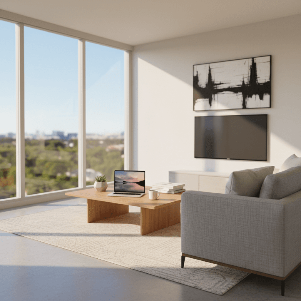 新生活のスタートを象徴する、光が差し込むモダンなリビングルームの風景