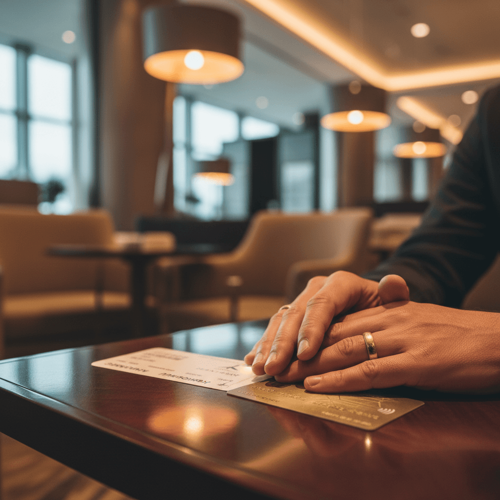 ホテルのラウンジで、静かにカードを見つめ、決意を固める経営者の手元